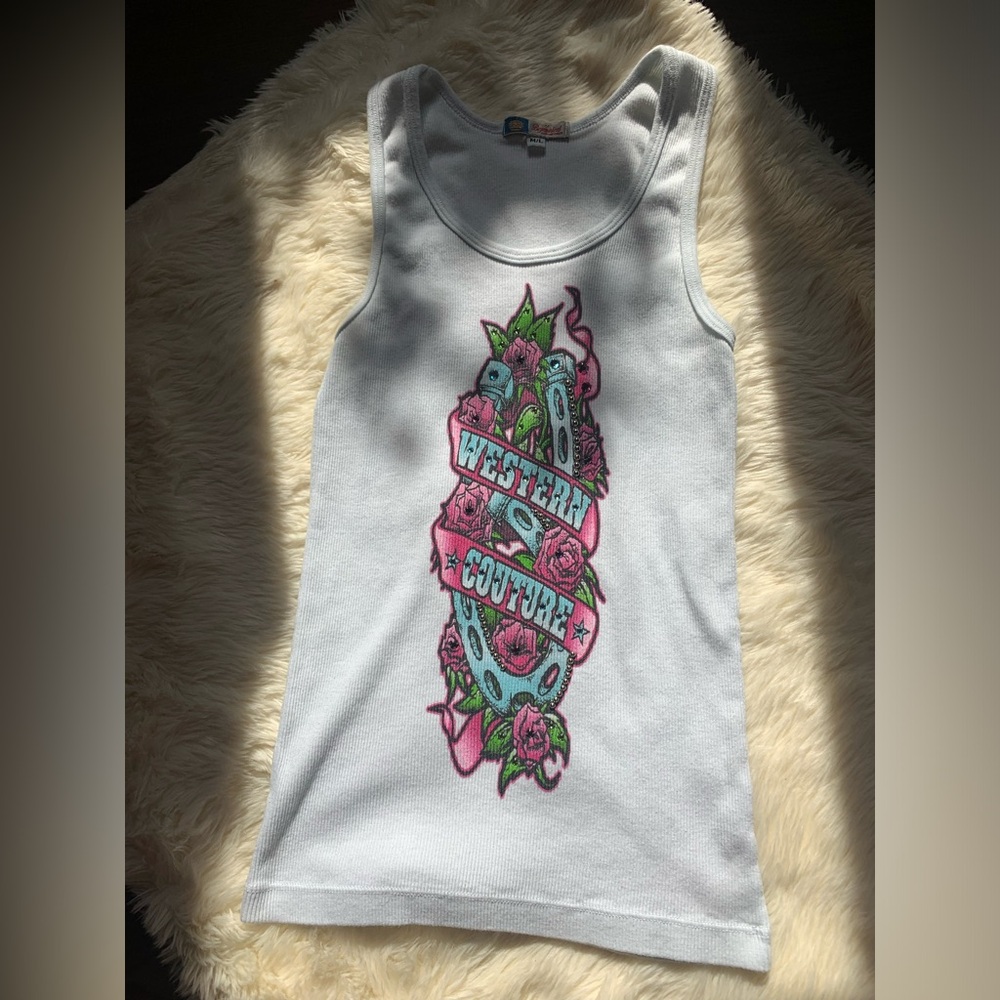 💎RARE💎 Y2K Bejeweled by Susan Fixel “Western Couture” Printed White Tank